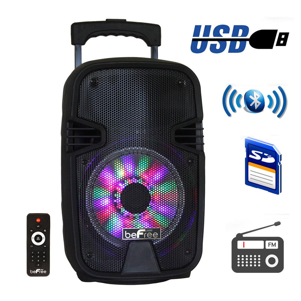 beFree Sound 8 Inch 400 Watts Bluetooth Portable Party Speaker with USB, SD Input and Reactive Lights