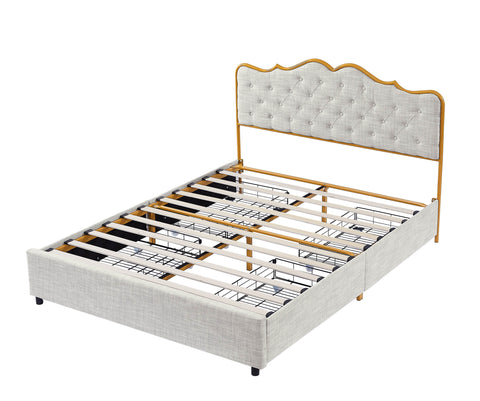 Classic steamed bread shaped backrest, metal frame, solid wood ribs, with four storage drawers, sponge soft bag, comfortable and elegant atmosphere, light gray, Queen- size, Q sleeping bed