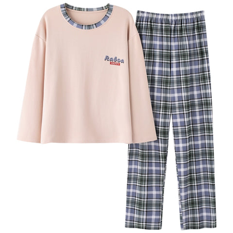 Color: Khaki, Size: XL - Pajamas Women's Thin Cotton Loose T-shirt Plaid Pants Suit