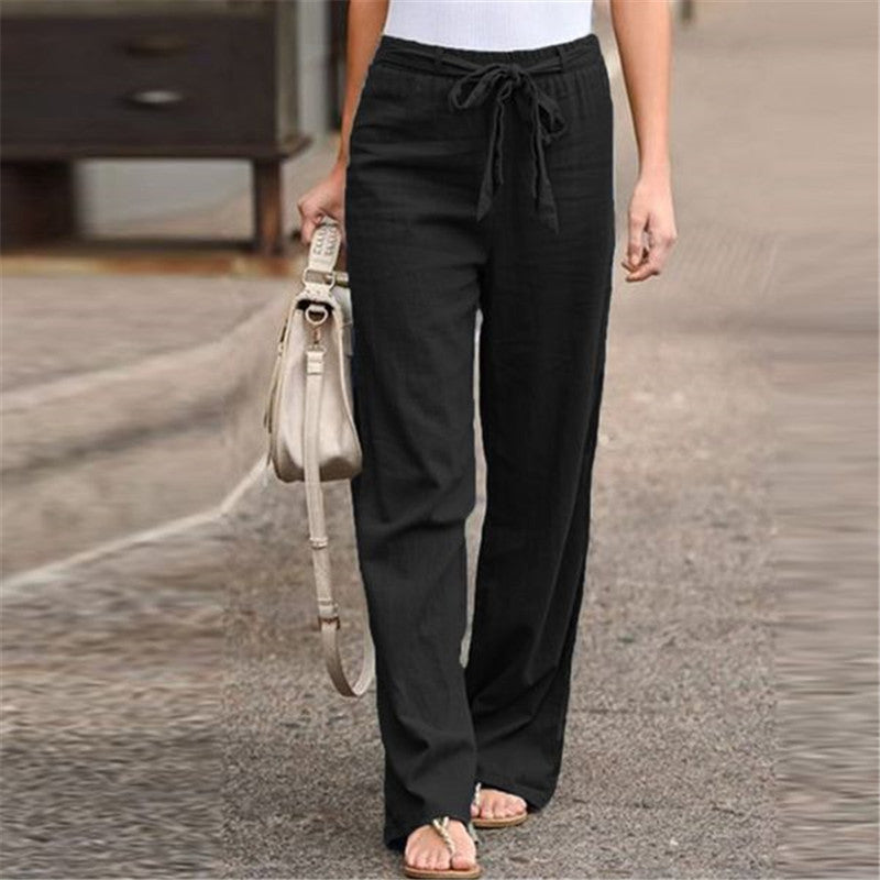 Elastic waist solid color cotton and linen wide-leg pants loose trousers - Color: Black, Size: L