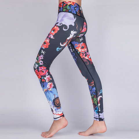 Color: White peony, Size: M - Comfy Floral Print High Waist Compression Yoga Pants Wide Waistband Quick Dry Striped Workout Yoga Leggings Fitness Apparal