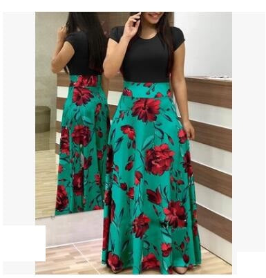 Color: black, Size: M - European and American style flower print color matching dress long skirt