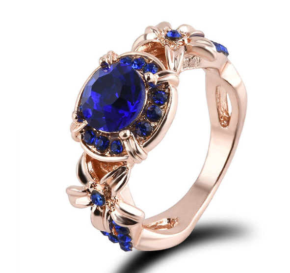 Color: Bule With Box, Size: 9 - Gemstone Rose Full Diamond Engagement Ring