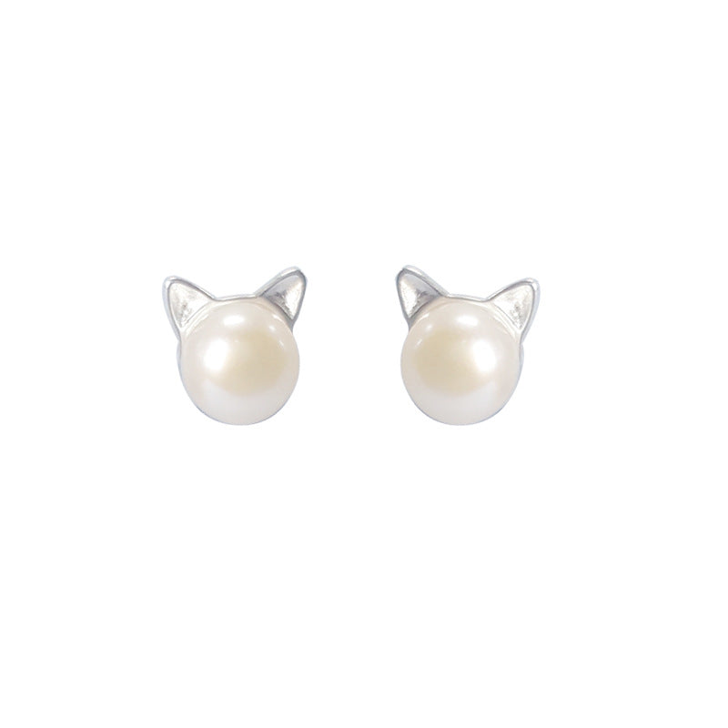Color: Silver style, fineness: 925 Silver - 925 sterling silver natural freshwater pearl sprouting cat cat ears earrings