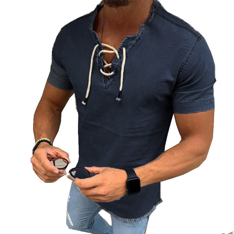Color: Dark Grey, Size: XXL - Tassel elastic men's denim shirt men's shirt