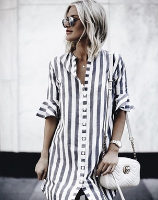 Size: M - Amazon's new explosion models European and American women's striped shirt horn sleeve dress