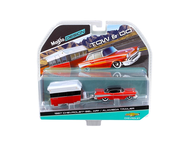 1957 Chevrolet Bel Air with Alameda Trailer Red Tow & Go 1/64 Diecast Model by Maisto FSSA Global B