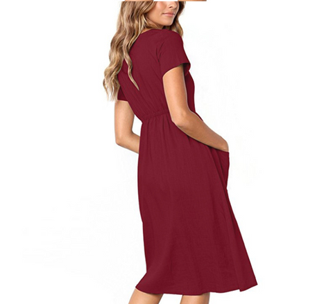 Color: Red, Size: XXL-Short sleeve, style:  - Autumn fashion v-neck button wild pocket long-sleeved women's dress