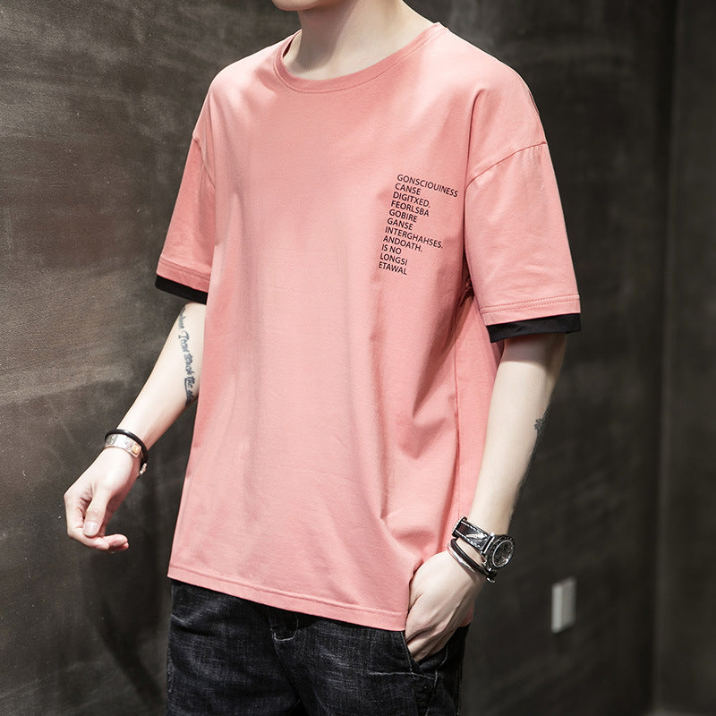Color: Pink, Style: 1, Size: M - Men's cotton casual short sleeve T-shirt