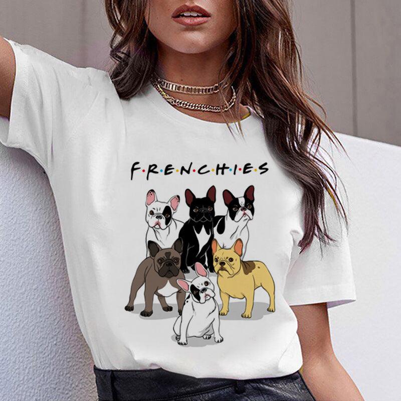 Color: D, Size: 2XL - Cartoon Animal Cat And Dog Print Slim Round Neck Street Trendy Women's Shirt - FSSA Global Bullet