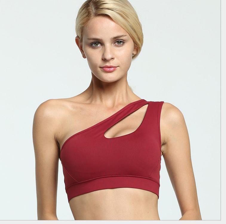 Color: WineRed, Size: S - One-shoulder beauty back sports bra sports fitness yoga underwear gathered bra new sexy underwear - FSSA Global Bullet