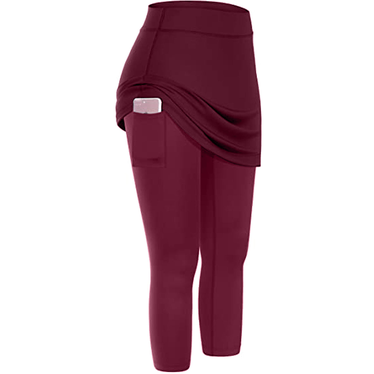 Color: Wine Red, Size: 2XL - Women Tennis Skirted Leggings Pockets Elastic Sports Yoga Capris Skirts Legging