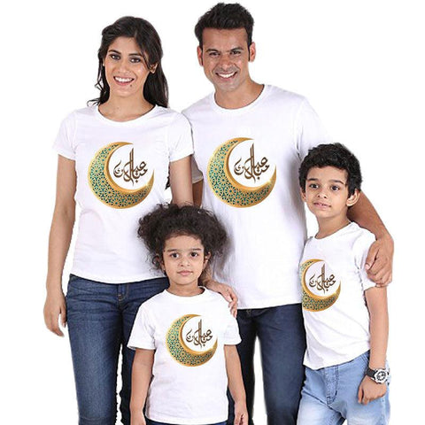 Color: QZ3072white, Size: Style 12 - Parent-child short-sleeved T-shirt Eid Mubarak moon print - FSSA Global Bullet