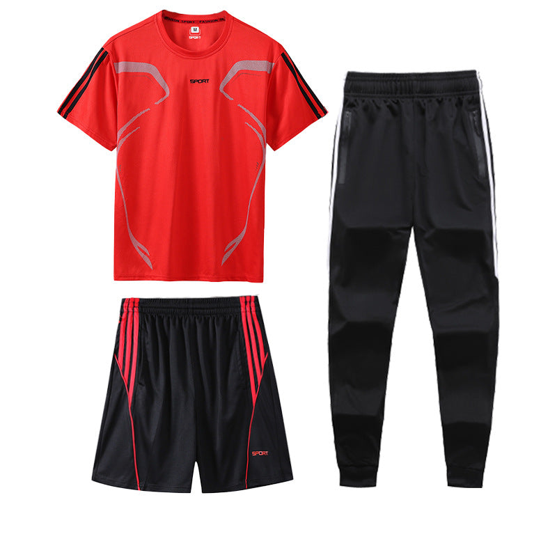 Color: Red threepiece suit, Size: 4XL - Sports Suit Men's Summer Leisure Two-Piece Three-Piece Fitness Suit Night Running Running Suit Quick-Drying Short-Sleeved Basketball SuitT