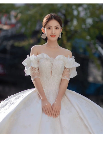 Color: A, Size: M - White Satin Main Wedding Dress 2021 New Temperament Trailing Sweet Princess Bride Catwalk Dress