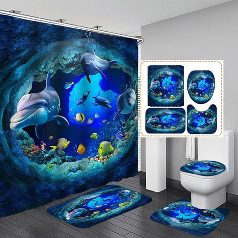 Color: Y3HAIt10, Dimensions: 45x75cmplus45x40cmplus40x45cm - Three-Piece Bathroom Shower Curtain Waterproof And Mildew Proof Polyester Bathroom Curtain 3D Dolphin