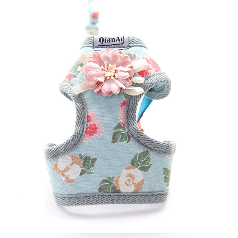 Color: Sky Blue, Size: 1cm width webbing, style: Bagged - Pet Chest Harness Summer Floral Dog Leash