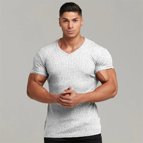 Color: White, Size: L - V-Neck Casual Sweater Tight-Fitting Super Stretch Breathable T-Shirt Men