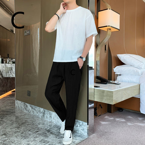 style: C, Size: XL - Men's Tide Brand Loose Ice Silk Short Sleeve T-shirt Young Boys Two-piece Set