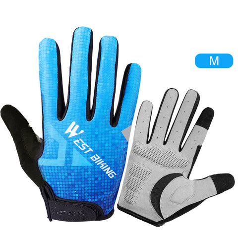 Color: Checkered blue, Size: 2XL - Bicycle Long Finger Shock Absorption And Breathable Gloves