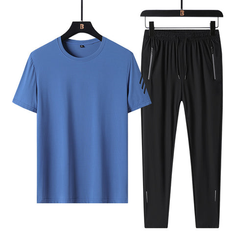 Color: Blue suit, Size: 4XL - Short-sleeved Trousers Ice Silk Sportswear Plus Size