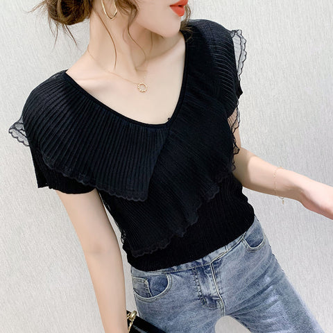 Color: Black, Size: M - Short-sleeved T-shirt Women's Ruffled Ice Silk Knit Bottoming Shirt