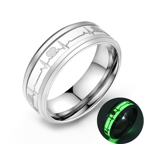 Size: 9, Color: Green - ECG Couple Carbon Fiber Ring Luminous Jewelry