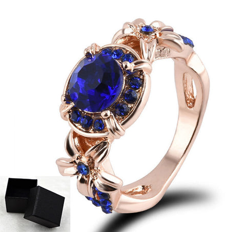 Color: Bule With Box, Size: 9 - Gemstone Rose Full Diamond Engagement Ring
