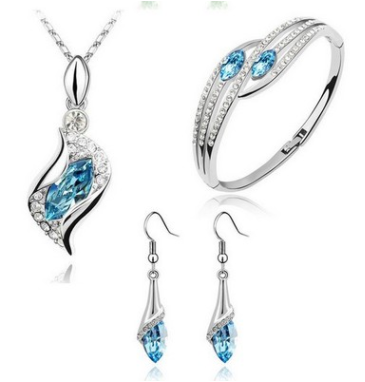 Color: Light blue - New Angel Elf Earrings Necklace Bracelet Three-piece Austria Crystal Alloy Jewelry Set Wholesale
