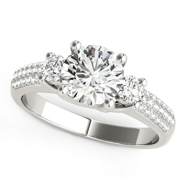 Size: 3 - 14k White Gold 3 Stone Pave Set Band Diamond Engagement Ring (1 7/8 cttw)