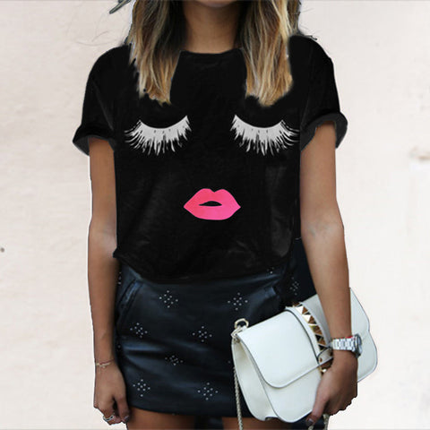 Color: Black, Size: L - Summer Style Mascara Red Lip Pattern Printed Short Sleeve T-shirts