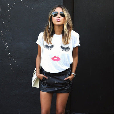 Color: White, Size: XXL - Summer Style Mascara Red Lip Pattern Printed Short Sleeve T-shirts