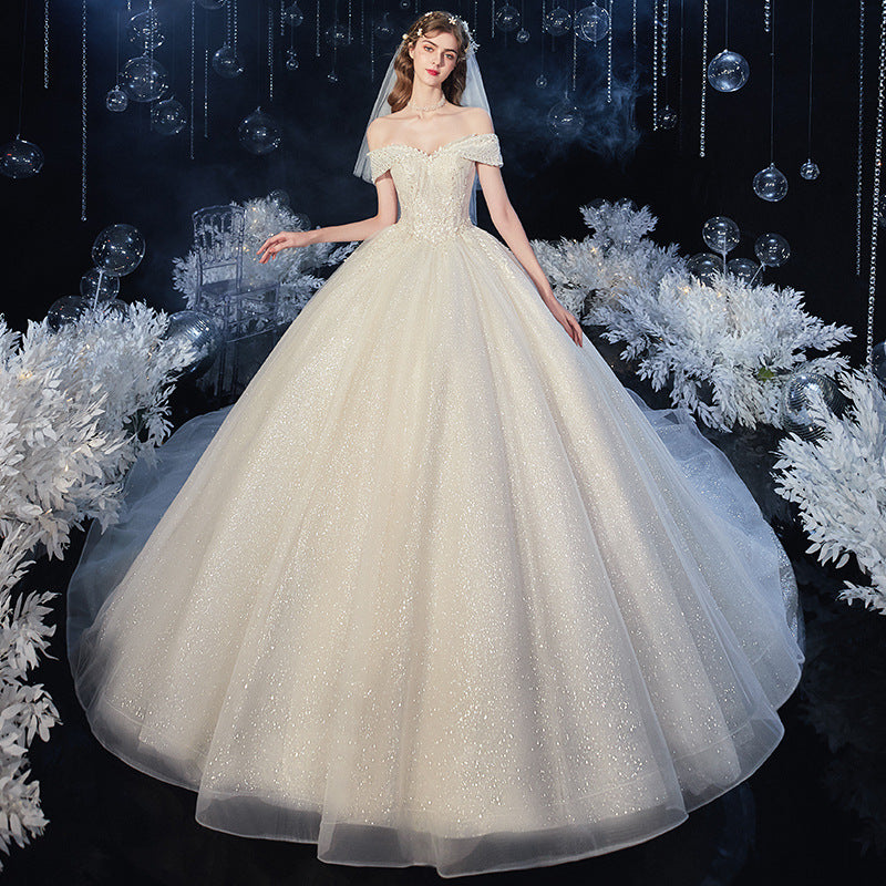 Color: White, Size: L - One-shoulder starry sky trailing wedding dress