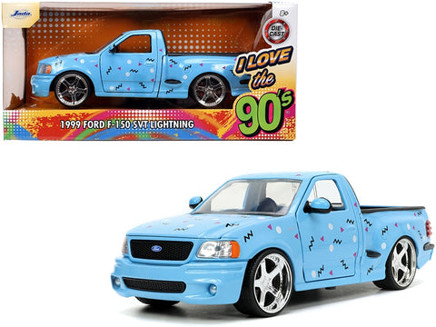 1999 Ford F-150 SVT Lightning Pickup Truck Light Blue with Graphics "I Love the 1990's" Series 1/24 Diecast Model Car by Jada