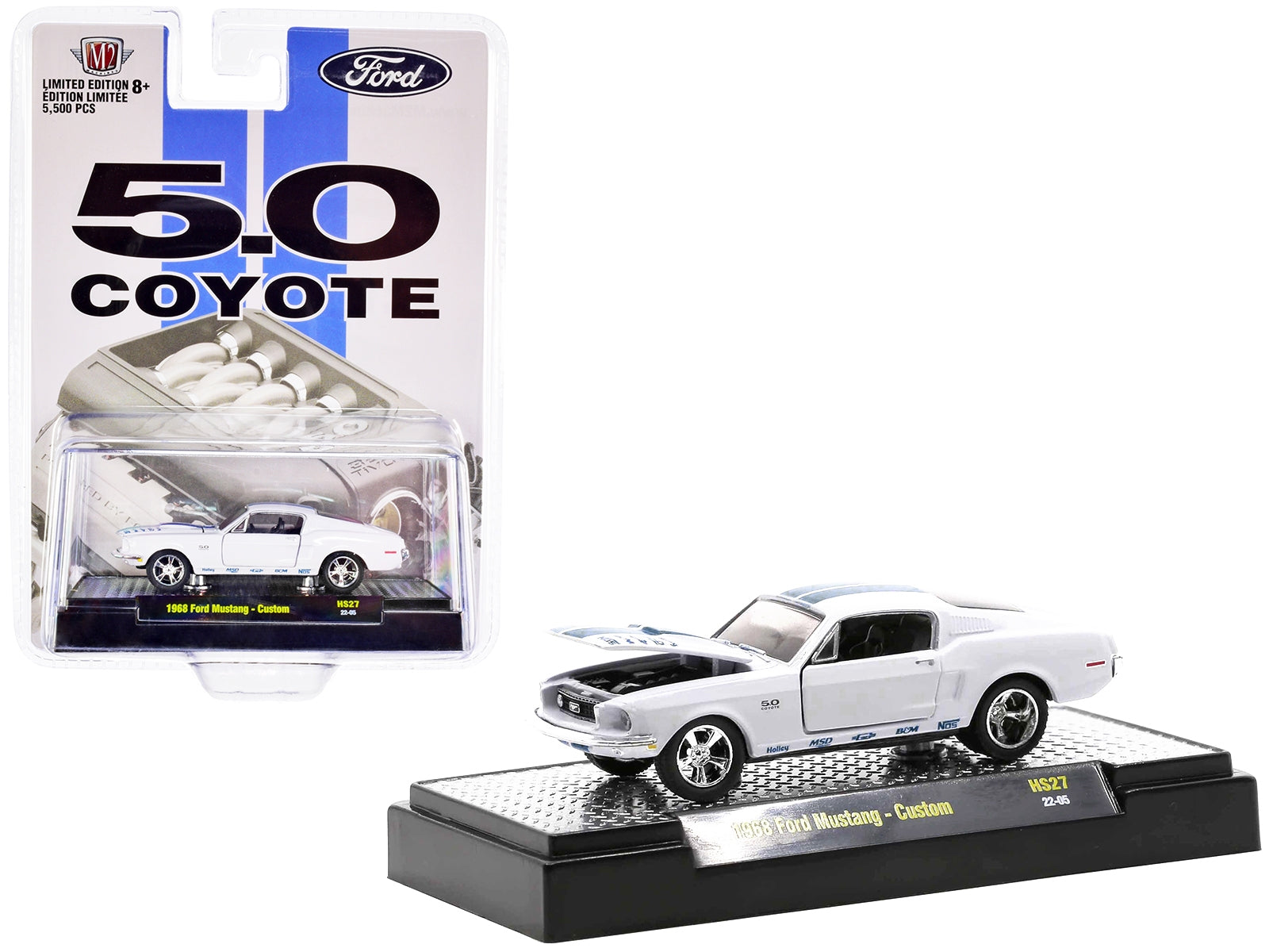 1968 Ford Mustang Custom Platinum Pearl White with Blue Stripes "5.0 Coyote" Limited Edition to 5500 pieces Worldwide 1/64 Diecast Model Car by M2 Machines