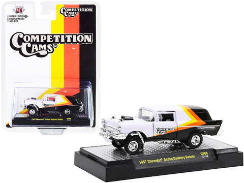 1957 Chevrolet Sedan Delivery Gasser "Competition Cams" White and Black with Yellow and Orange Stripes Limited Edition to 7480 pieces Worldwide 1/64 Diecast Model Car by M2 Machines