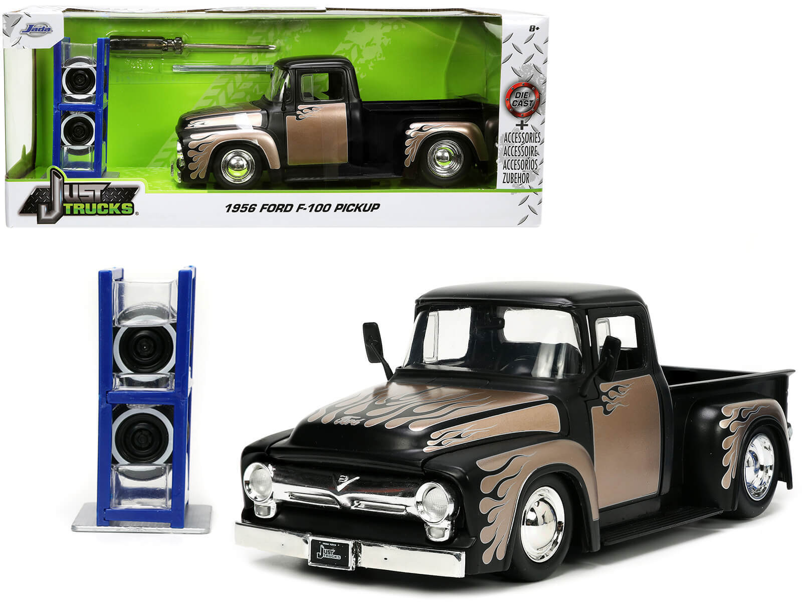 1956 Ford F-100 Pickup Truck Matt Black and Champagne with Flames with Extra Wheels "Just Trucks" Series 1/24 Diecast Model Car by Jada