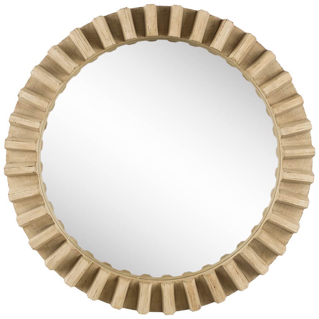 35" Round Natural Brown Wood Frame Wall Mirror
