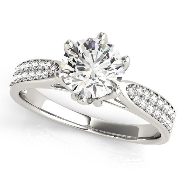 Size: 3 - Six Prong 14k White Gold Diamond Engagement Ring with Pave Band (1 5/8 cttw)