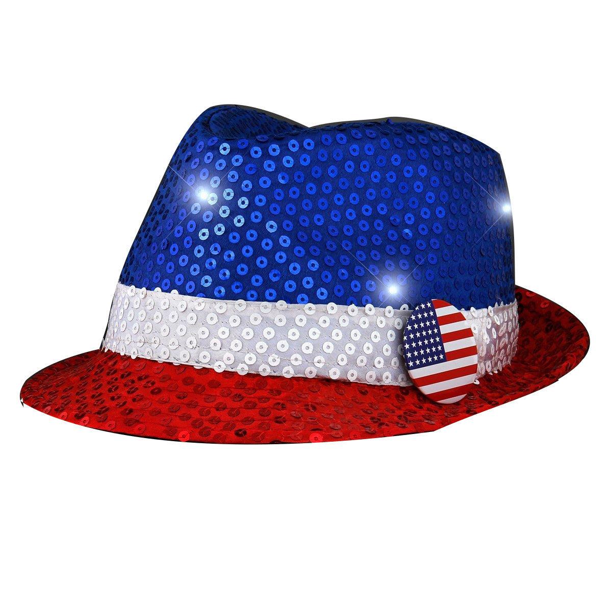 Light Up USA Flashing Fedora Hat with Red White and Blue Sequins FSSA Global B