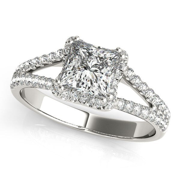 Size: 5 - 14k White Gold Princes Cut Halo Split Shank Diamond Engagement Ring (2 cttw)