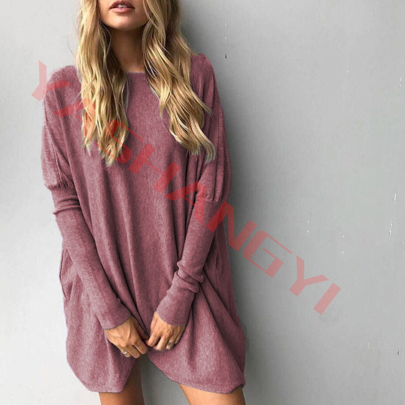 Color: Bean red, Size: M - Autumn new round neck long sleeve loose casual T-shirt