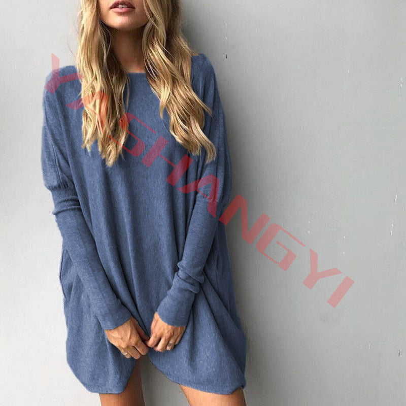 Color: Blue, Size: L - Autumn new round neck long sleeve loose casual T-shirt