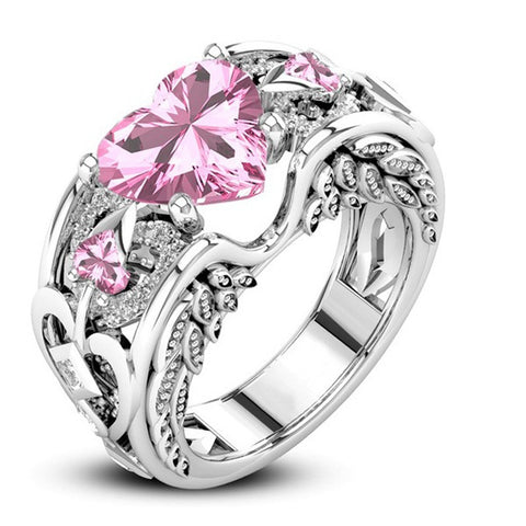 Color: Pink, Size: 9 - Princess Ring Heart-shaped Ruby Engagement Ring