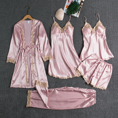 Color: Pink D, Size: L - Women's summer ice silk pajamas with chest pad