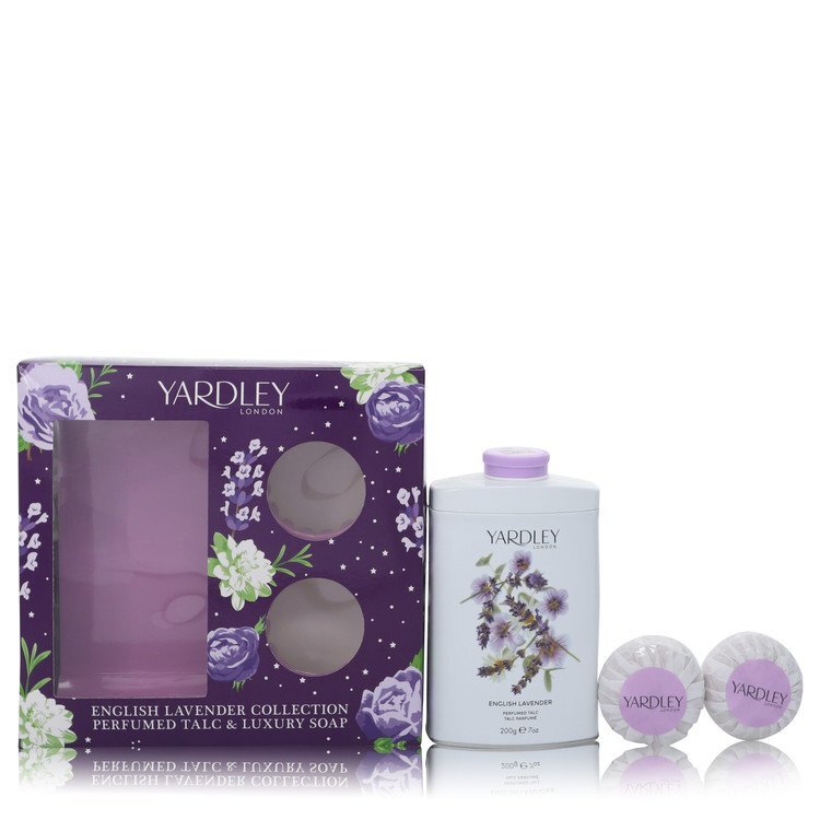 English Lavender by Yardley London Gift Set -- 7 oz Perfumed Talc + 2-3.5 oz Soap (Women) - FSSA Global Bullet