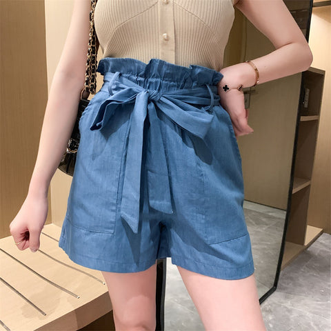 Color: Blue, Size: L - 2021 European and American wooden ear A word shorts have a belt