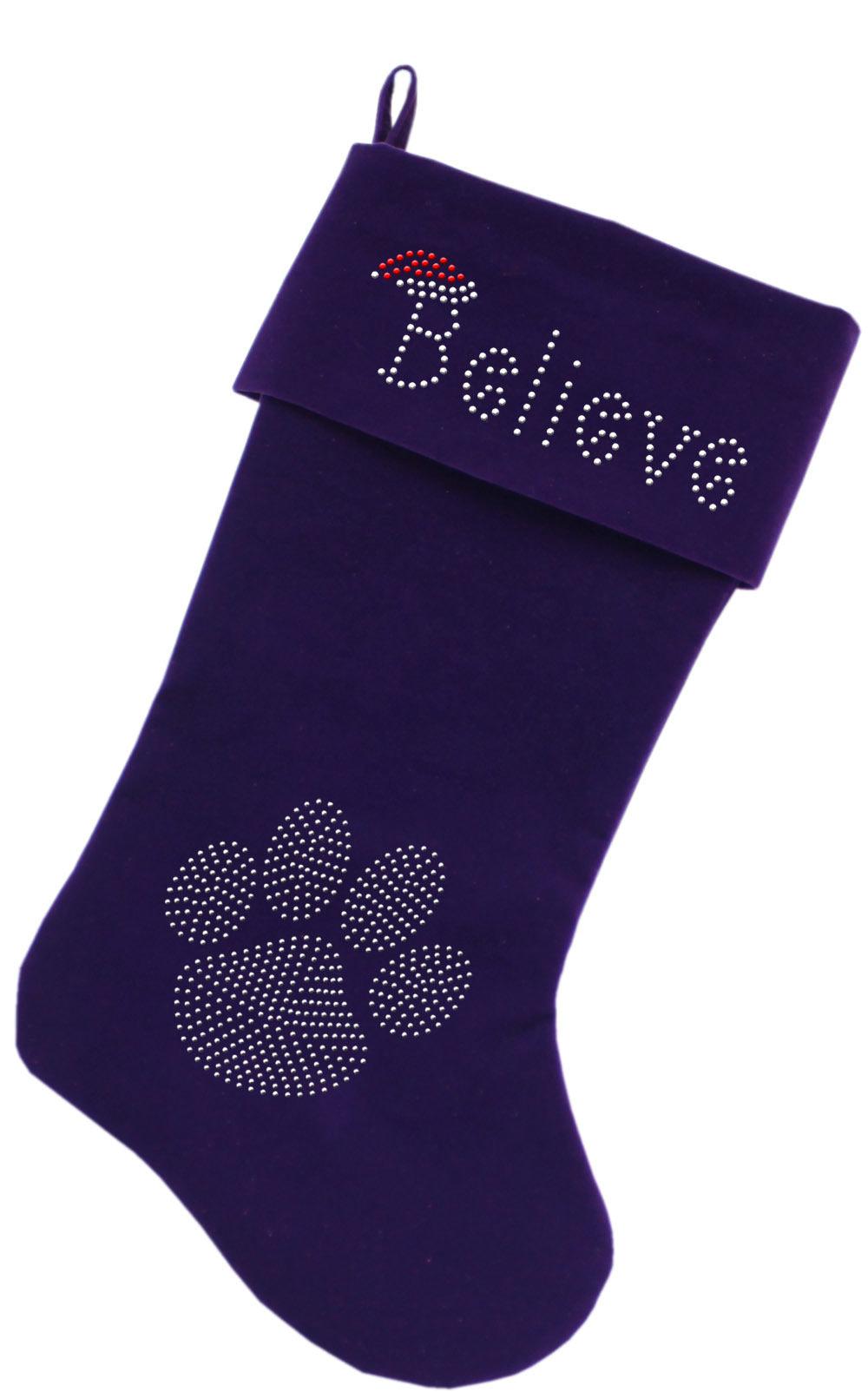 Believe Rhinestone 18 inch Velvet Christmas Stocking Purple - FSSA Global Bullet