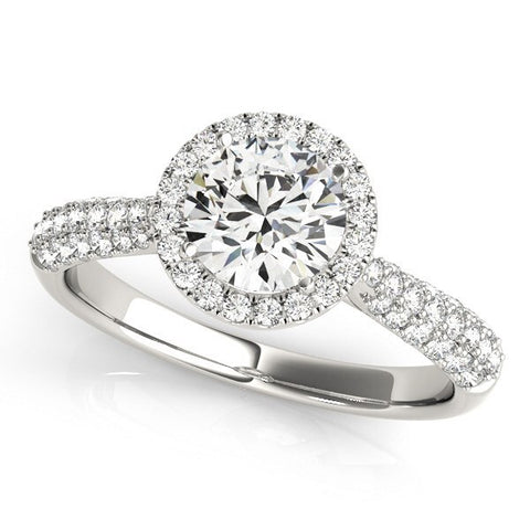 Size: 9 - 14k White Gold Halo Diamond Engagement Ring with Pave Band (1 1/3 cttw)