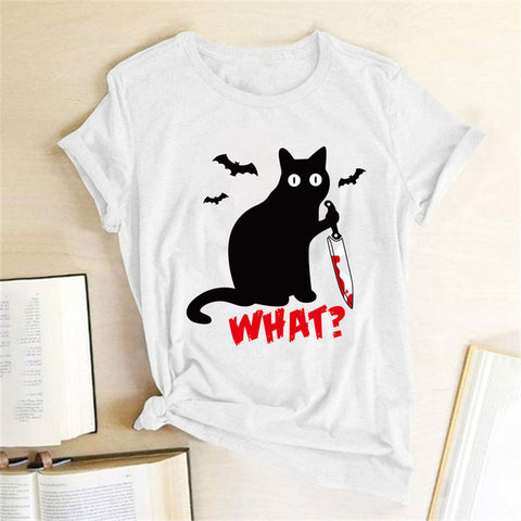 Color: White, Size: 2XL - Halloween What Bloody Cat European And American Short-sleeved Female T-shirt